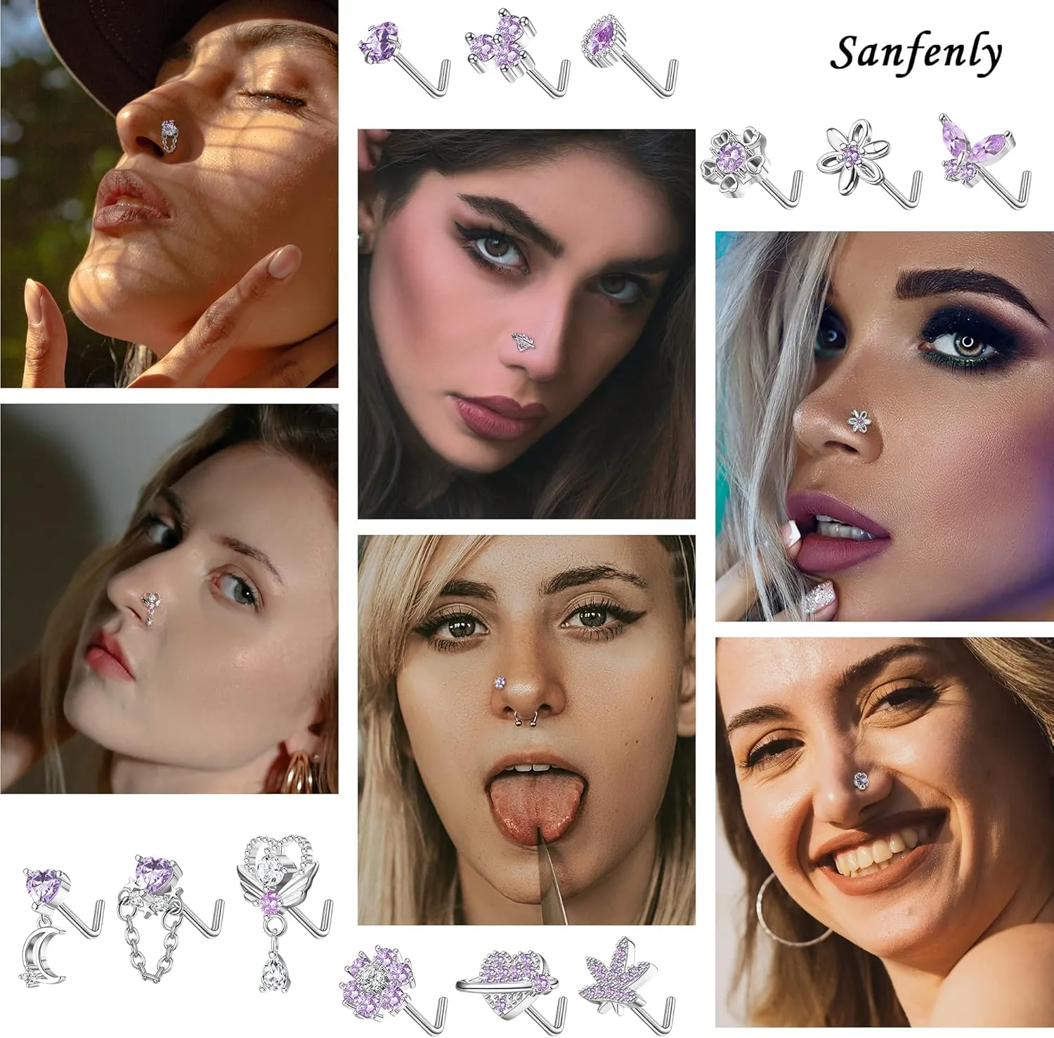 Sanfenly 12 PCS 20G Nose Rings Surgical Stainless Steel, L Shaped Nose Studs for Women Men, CZ Heart Butterfly Flower Leaf Moon Dangle Cute Nose Piercings Studs Screw Jewelry Pink/Purple/Blue/Clear