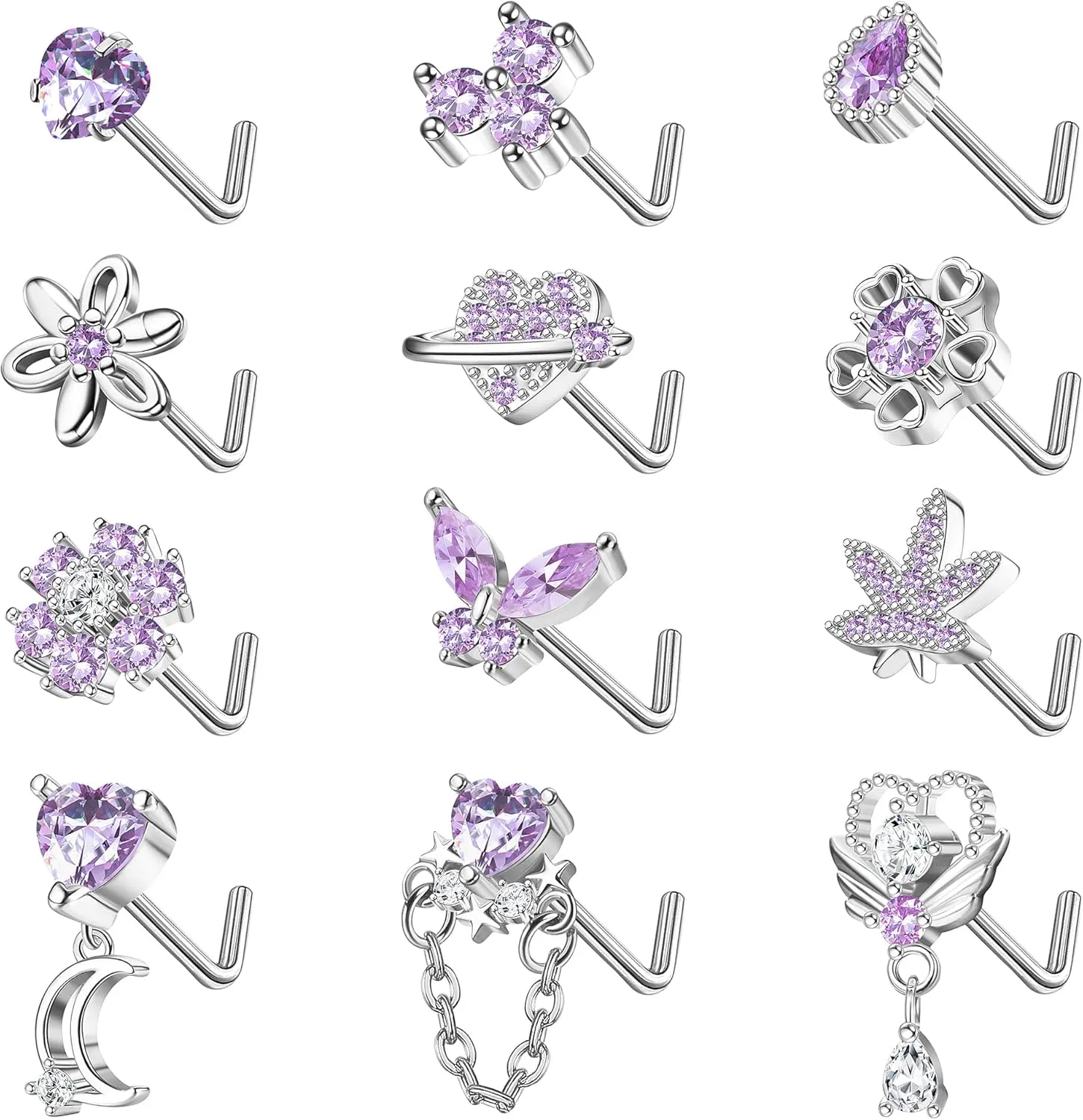 Sanfenly 12 PCS 20G Nose Rings Surgical Stainless Steel, L Shaped Nose Studs for Women Men, CZ Heart Butterfly Flower Leaf Moon Dangle Cute Nose Piercings Studs Screw Jewelry Pink/Purple/Blue/Clear