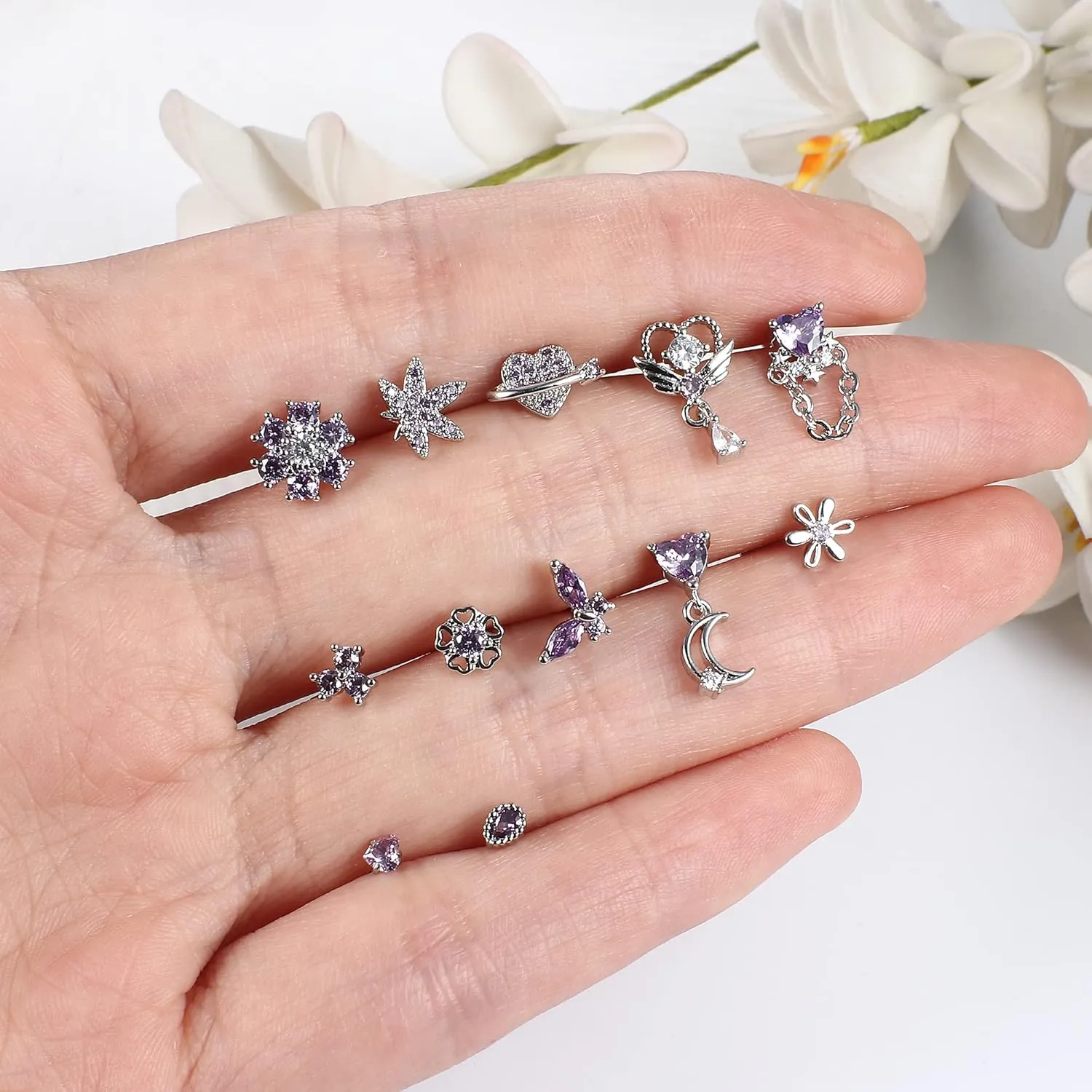 Sanfenly 12 PCS 20G Nose Rings Surgical Stainless Steel, L Shaped Nose Studs for Women Men, CZ Heart Butterfly Flower Leaf Moon Dangle Cute Nose Piercings Studs Screw Jewelry Pink/Purple/Blue/Clear