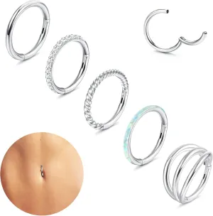 Sanfenly 14G Belly Button Rings 316L Surgical Steel Belly Ring Hoop Clear CZ Opal Navel Rings Hoop Clicker Segment Belly Piercing Jewelry Gold Silver Tone 8mm 10mm 12mm