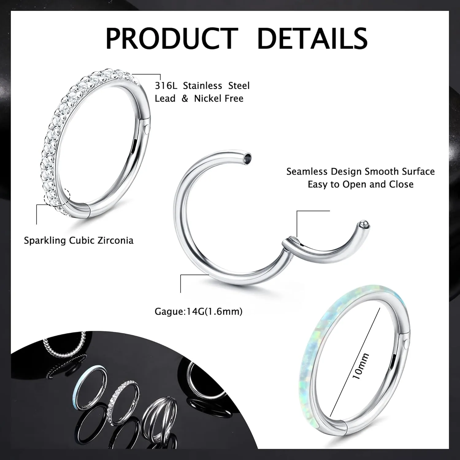 Sanfenly 14G Belly Button Rings 316L Surgical Steel Belly Ring Hoop Clear CZ Opal Navel Rings Hoop Clicker Segment Belly Piercing Jewelry Gold Silver Tone 8mm 10mm 12mm