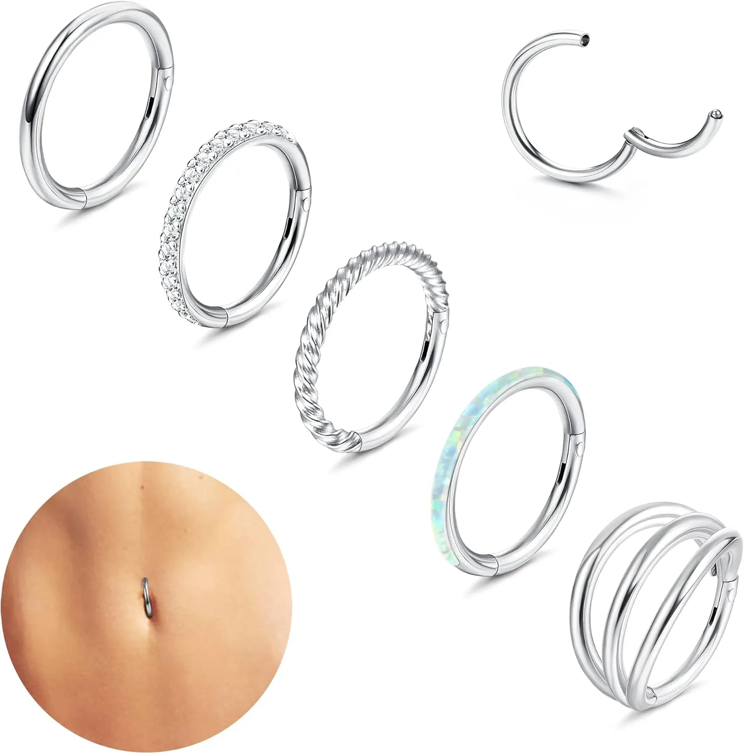 Sanfenly 14G Belly Button Rings 316L Surgical Steel Belly Ring Hoop Clear CZ Opal Navel Rings Hoop Clicker Segment Belly Piercing Jewelry Gold Silver Tone 8mm 10mm 12mm