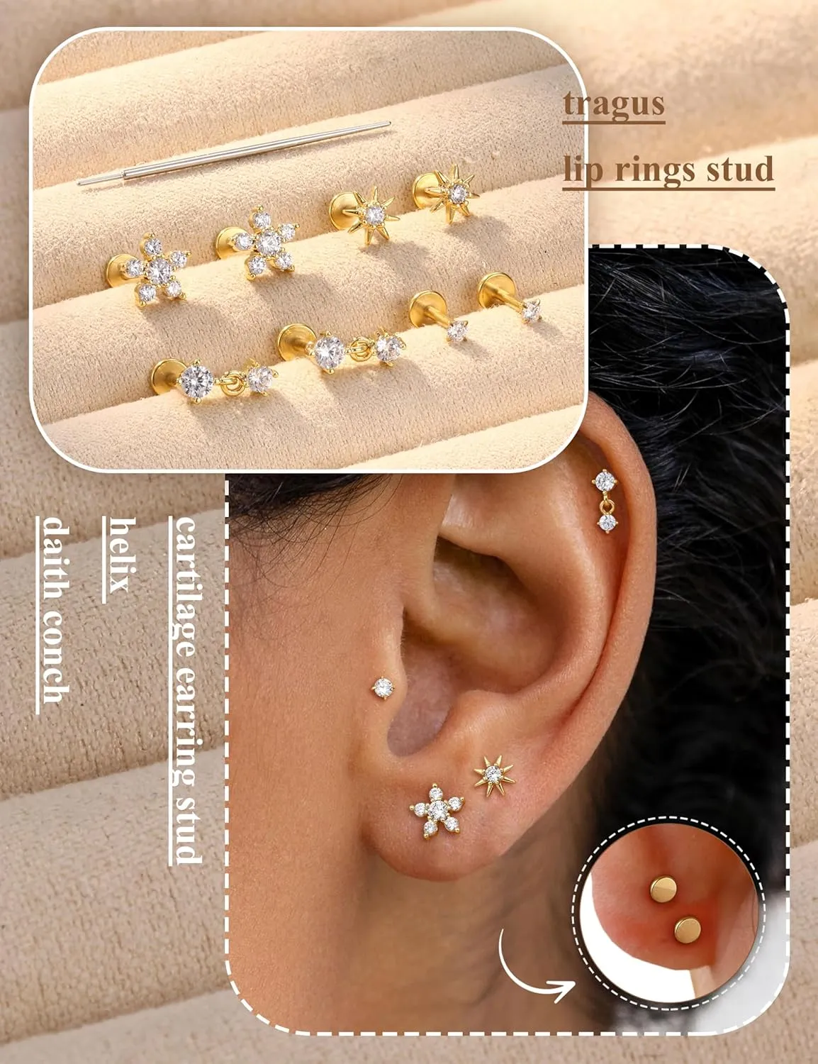 Sanfenly Threadless Flat Back Earrings Studs 316L Surgical Steel Push in Nose Studs Rings CZ Tragus Cartilage Helix Conch Labret Lip Nostril Medusa Piercing Jewelry Hypoallergenic 20G 18G 16G