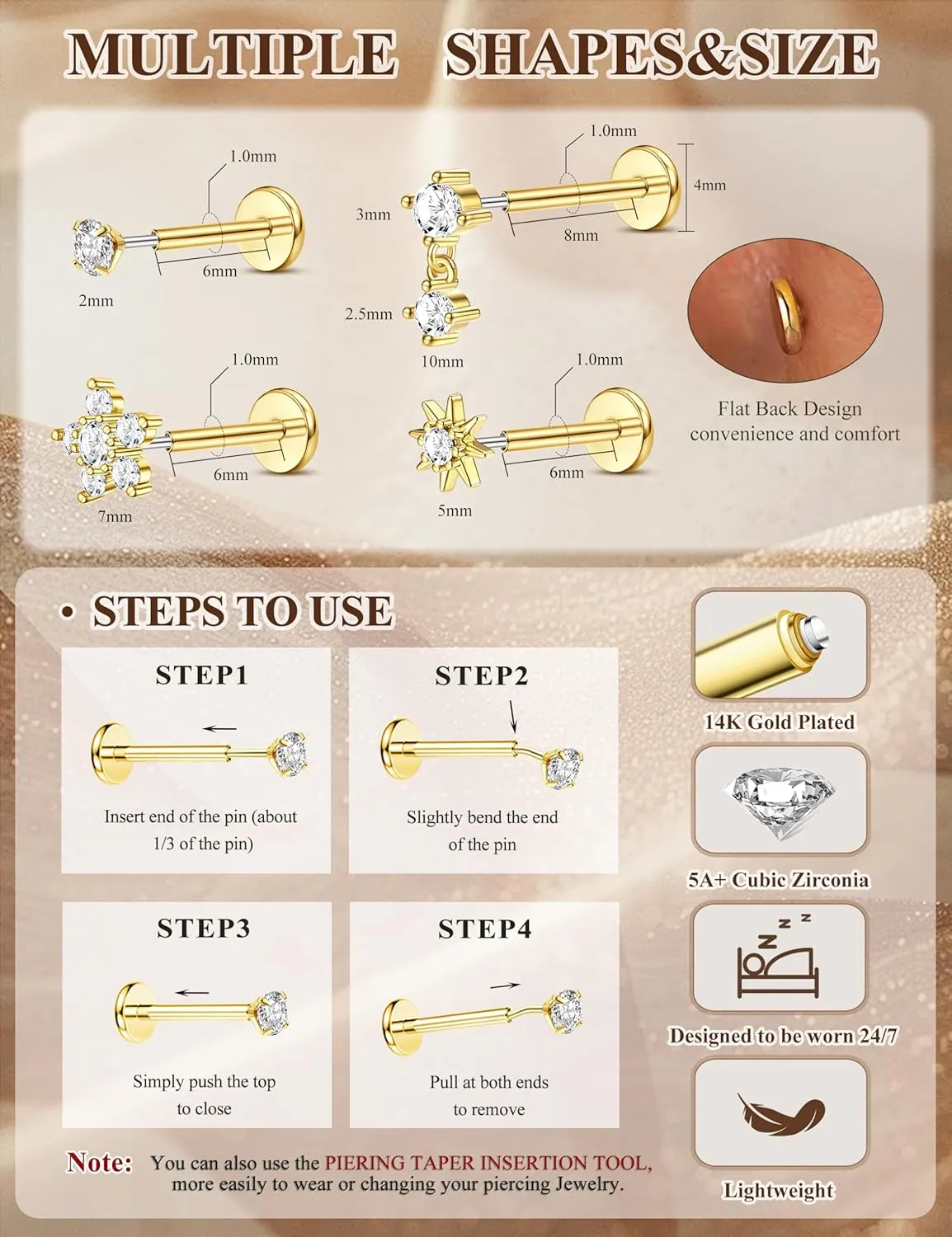 Sanfenly Threadless Flat Back Earrings Studs 316L Surgical Steel Push in Nose Studs Rings CZ Tragus Cartilage Helix Conch Labret Lip Nostril Medusa Piercing Jewelry Hypoallergenic 20G 18G 16G