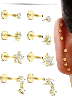 Sanfenly Threadless Flat Back Earrings Studs 316L Surgical Steel Push in Nose Studs Rings CZ Tragus Cartilage Helix Conch Labret Lip Nostril Medusa Piercing Jewelry Hypoallergenic 20G 18G 16G