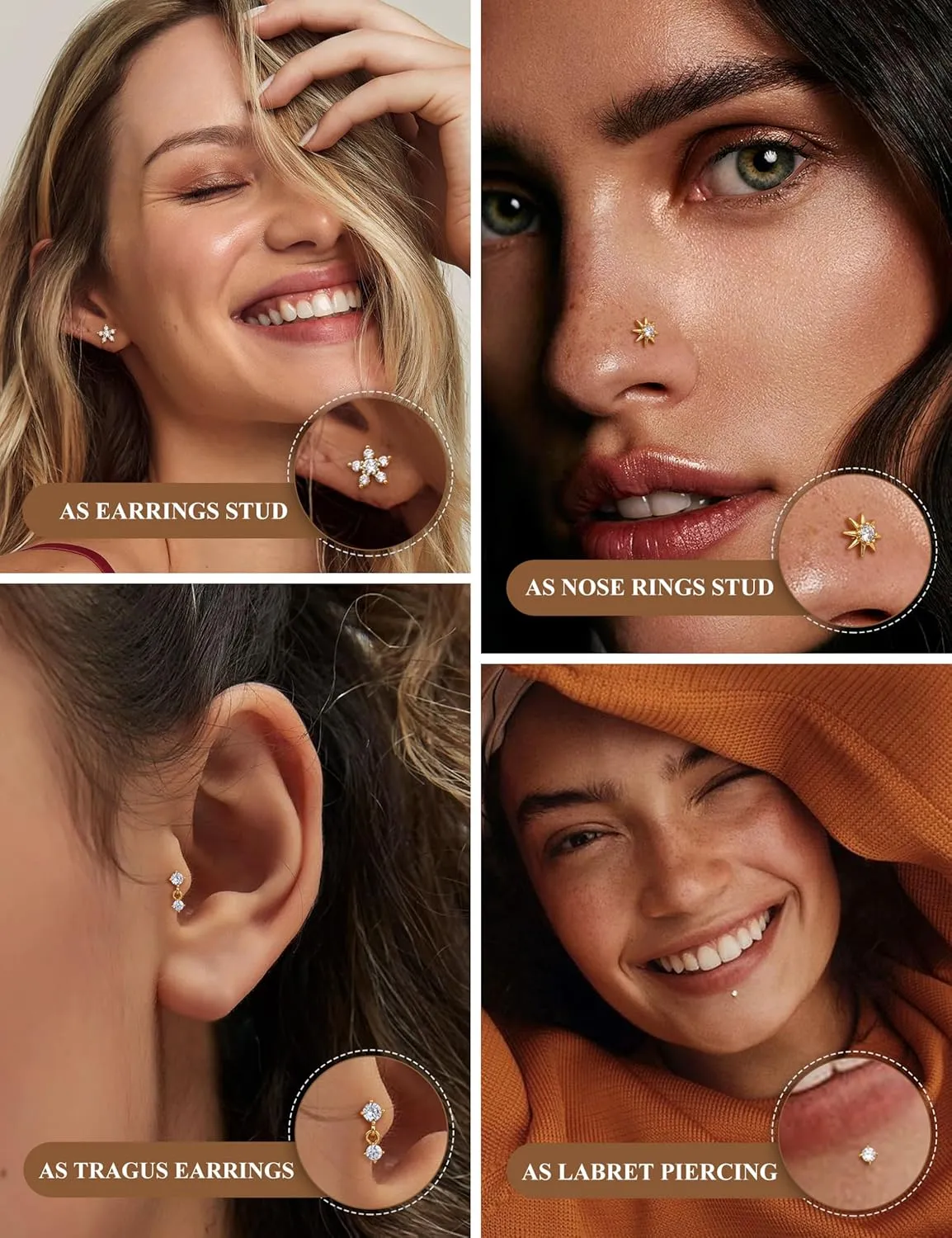 Sanfenly Threadless Flat Back Earrings Studs 316L Surgical Steel Push in Nose Studs Rings CZ Tragus Cartilage Helix Conch Labret Lip Nostril Medusa Piercing Jewelry Hypoallergenic 20G 18G 16G