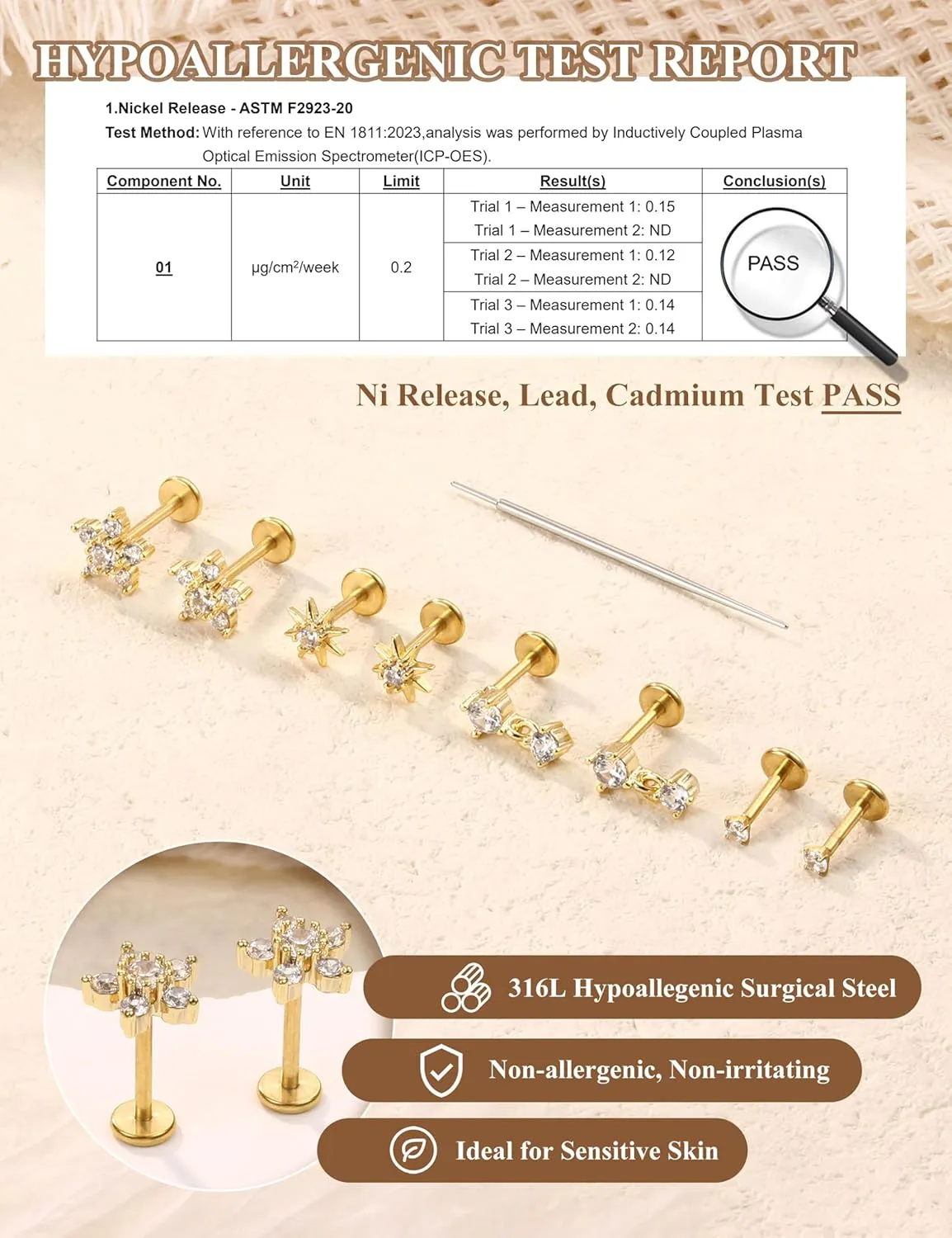 Sanfenly Threadless Flat Back Earrings Studs 316L Surgical Steel Push in Nose Studs Rings CZ Tragus Cartilage Helix Conch Labret Lip Nostril Medusa Piercing Jewelry Hypoallergenic 20G 18G 16G