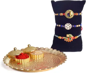 SATVIK 3 Pc Rakhi for Brother Bhaiya Assorted Rakhi with Puja Plate, Roli Chawal, Greeting Card & Soun Stickers for Raksha Bandhan