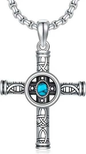 Seiyang 925 Sterling Silver Turquoise Vintage Antiqued Celtic Cross Pendant Necklaces Religious Jewelry Gifts for Men