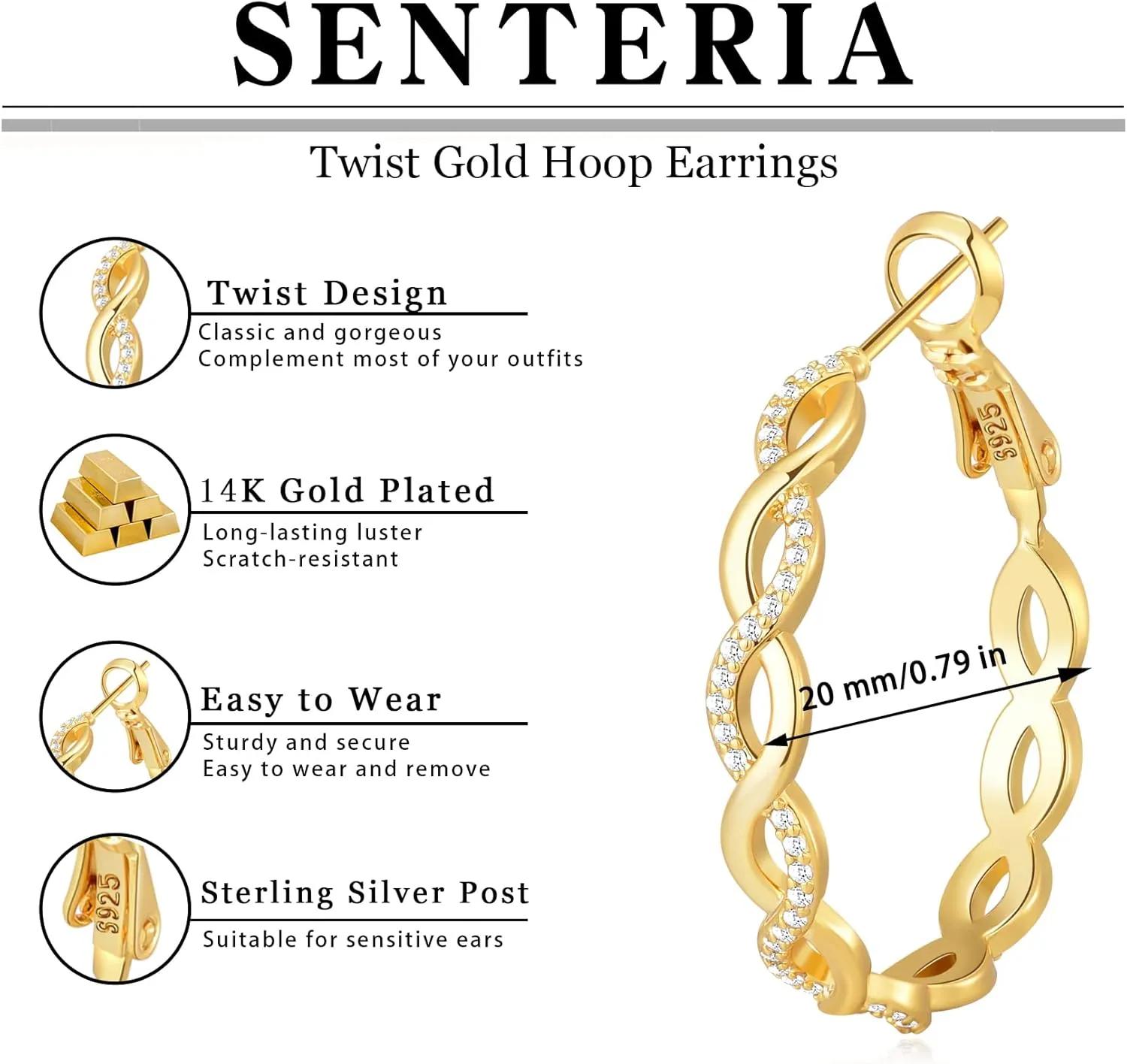Senteria 925 Sterling Silver Earrings Hoops for Women Lightweight Twisted Hoop Earrings With Cubic Zirconia Hypoallergenic Hoops Earrings (20/30/40/50/60MM)