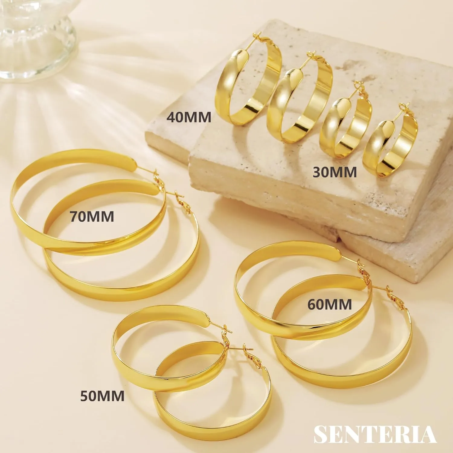 SENTERIA Gold Hoop Earrings for Women, 8mm Wide Curved Sterling Silver Hoop Earrings Hypoallergenic 925 Sterling Silver Hoops Earring Lightweight 14k Gold Plated Hoops Earring 30/40/50/60/70mm