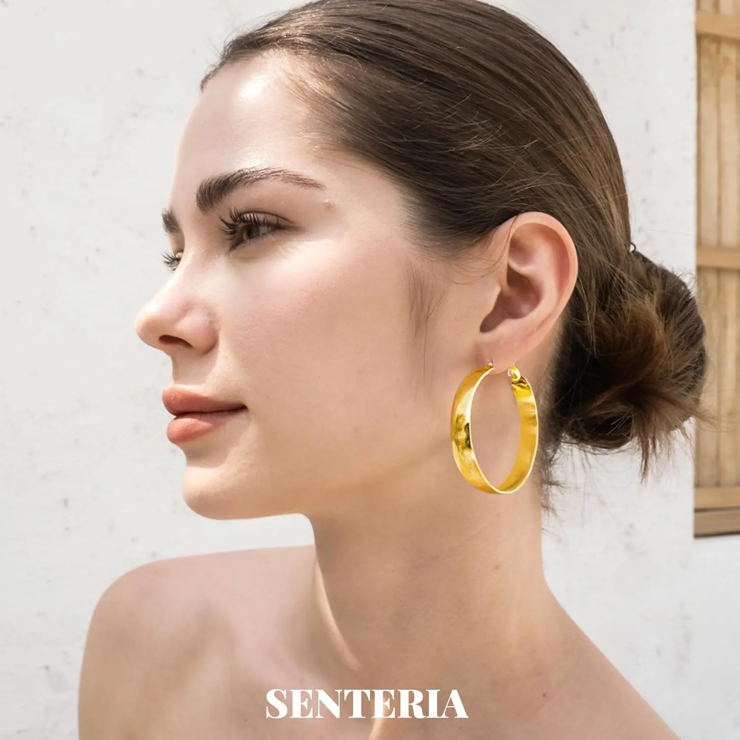 SENTERIA Gold Hoop Earrings for Women, 8mm Wide Curved Sterling Silver Hoop Earrings Hypoallergenic 925 Sterling Silver Hoops Earring Lightweight 14k Gold Plated Hoops Earring 30/40/50/60/70mm