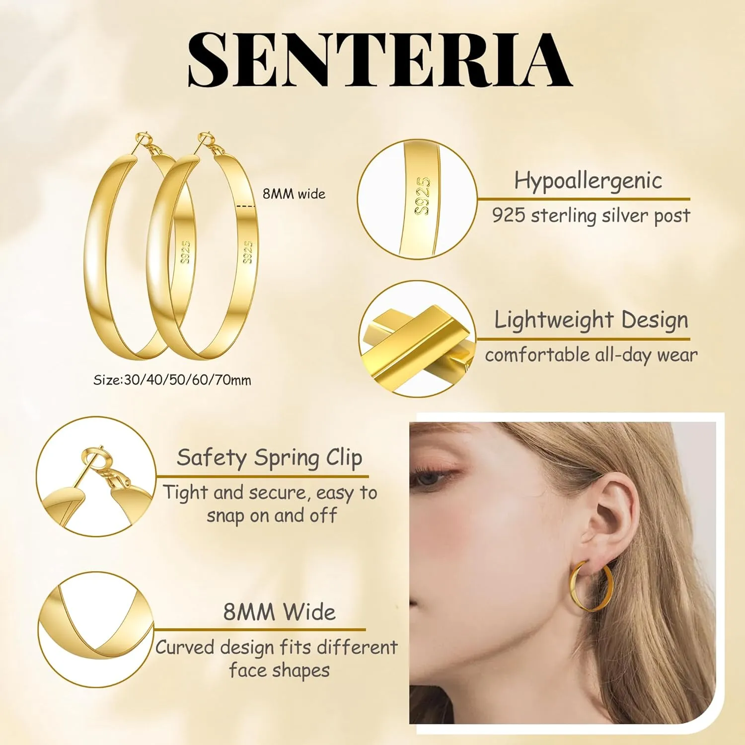 SENTERIA Gold Hoop Earrings for Women, 8mm Wide Curved Sterling Silver Hoop Earrings Hypoallergenic 925 Sterling Silver Hoops Earring Lightweight 14k Gold Plated Hoops Earring 30/40/50/60/70mm