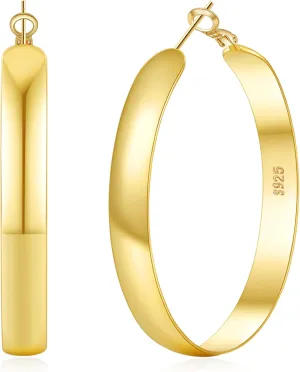 SENTERIA Gold Hoop Earrings for Women, 8mm Wide Curved Sterling Silver Hoop Earrings Hypoallergenic 925 Sterling Silver Hoops Earring Lightweight 14k Gold Plated Hoops Earring 30/40/50/60/70mm