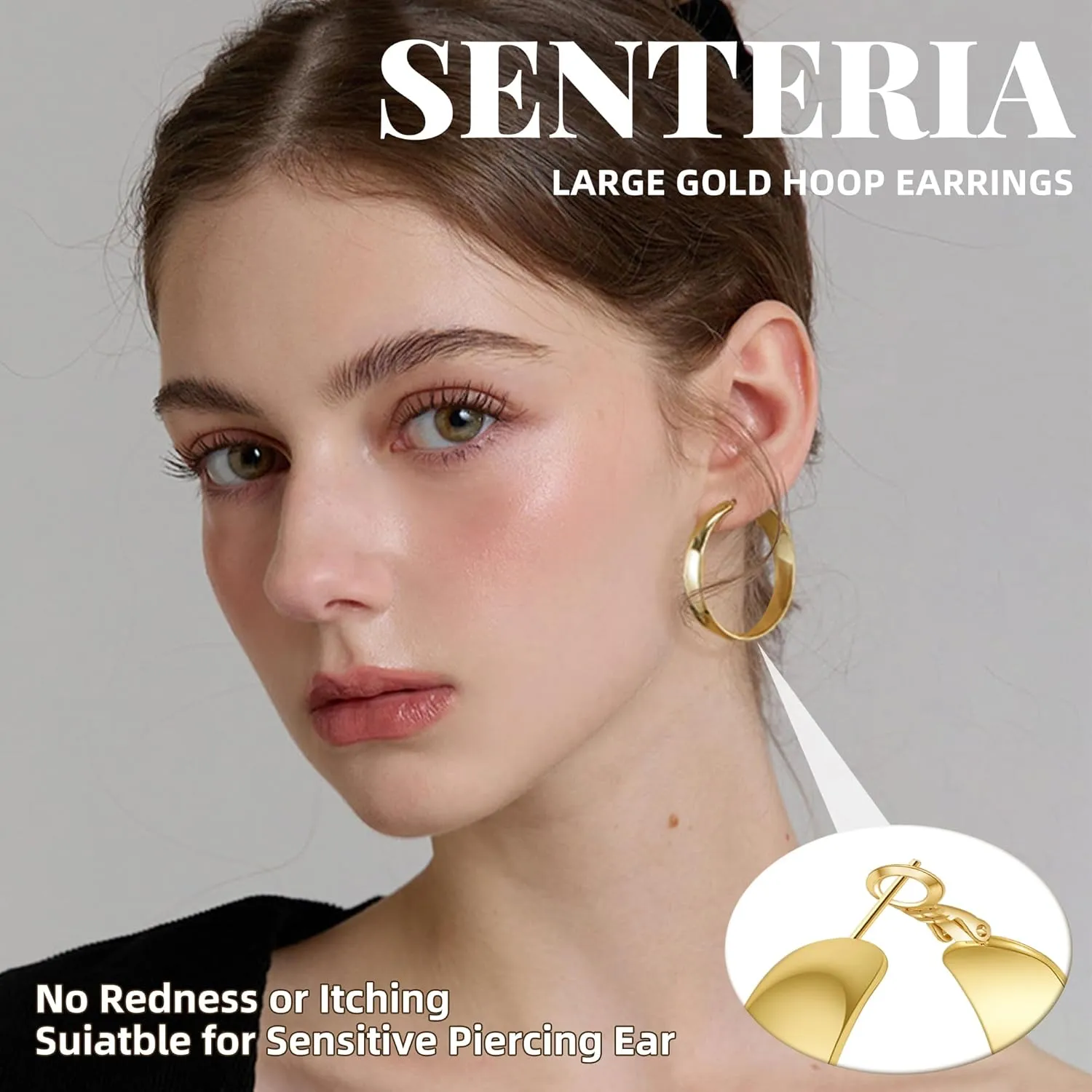 SENTERIA Gold Hoop Earrings for Women, 8mm Wide Curved Sterling Silver Hoop Earrings Hypoallergenic 925 Sterling Silver Hoops Earring Lightweight 14k Gold Plated Hoops Earring 30/40/50/60/70mm