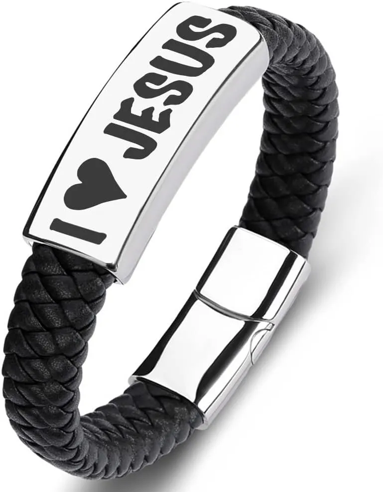 SHNIAN Black Woven Leather & Silver Stainless Steel Friendship Cuffs Bracelets,Inspirational Motivational Bracelets Christian Prayer for Men and Teens - I You Jesus Wrist Strap, 6.5"/7.28"/7.87"