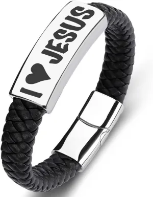 SHNIAN Black Woven Leather & Silver Stainless Steel Friendship Cuffs Bracelets,Inspirational Motivational Bracelets Christian Prayer for Men and Teens - I You Jesus Wrist Strap, 6.5"/7.28"/7.87"