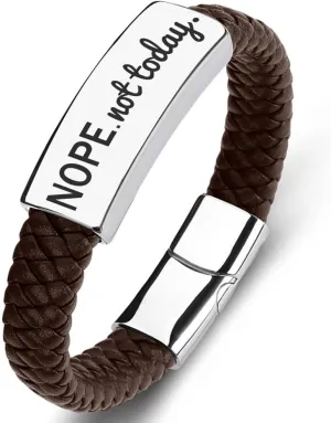 SHNIAN Brown Woven Leather & Silver Stainless Steel Friendship Cuffs Bracelets,Inspirational Motivational Bracelets Christian Prayer for Men and Teens - Nope.not Today, 6.5"/7.28"/7.87"
