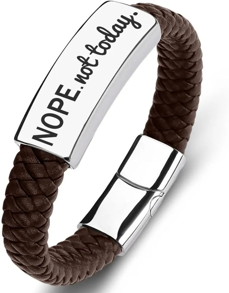 SHNIAN Brown Woven Leather & Silver Stainless Steel Friendship Cuffs Bracelets,Inspirational Motivational Bracelets Christian Prayer for Men and Teens - Nope.not Today, 6.5"/7.28"/7.87"