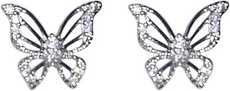 Silver Butterfly Earrings Small Stud Earrings,Hollow Rhinestones Butterfly Stud Earrings,Silver Earrings Hypoallergenic Earrings Studs,Titanium Flat Back Earrings Cartilage Earrings for Women