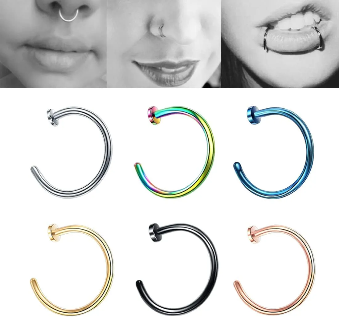 Silvery 20G 0.8mm Titanium Septum Piercing Stainless Steel Septum Horseshoe Hoops Nose Rings C-shaped Nose Lip Piercing Nail Jewelry 6mm