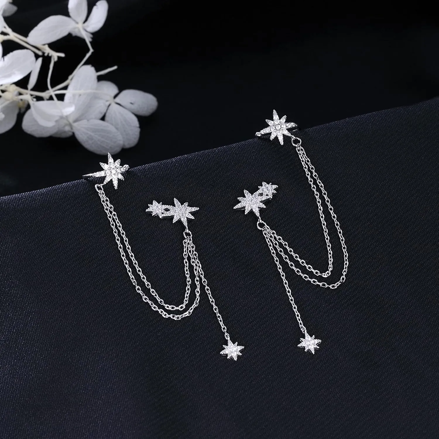 SLUYNZ 925 Sterling Silver Fashion Star Cuff Earring Chain for Women Star Crawler Earring Wrap Earrings
