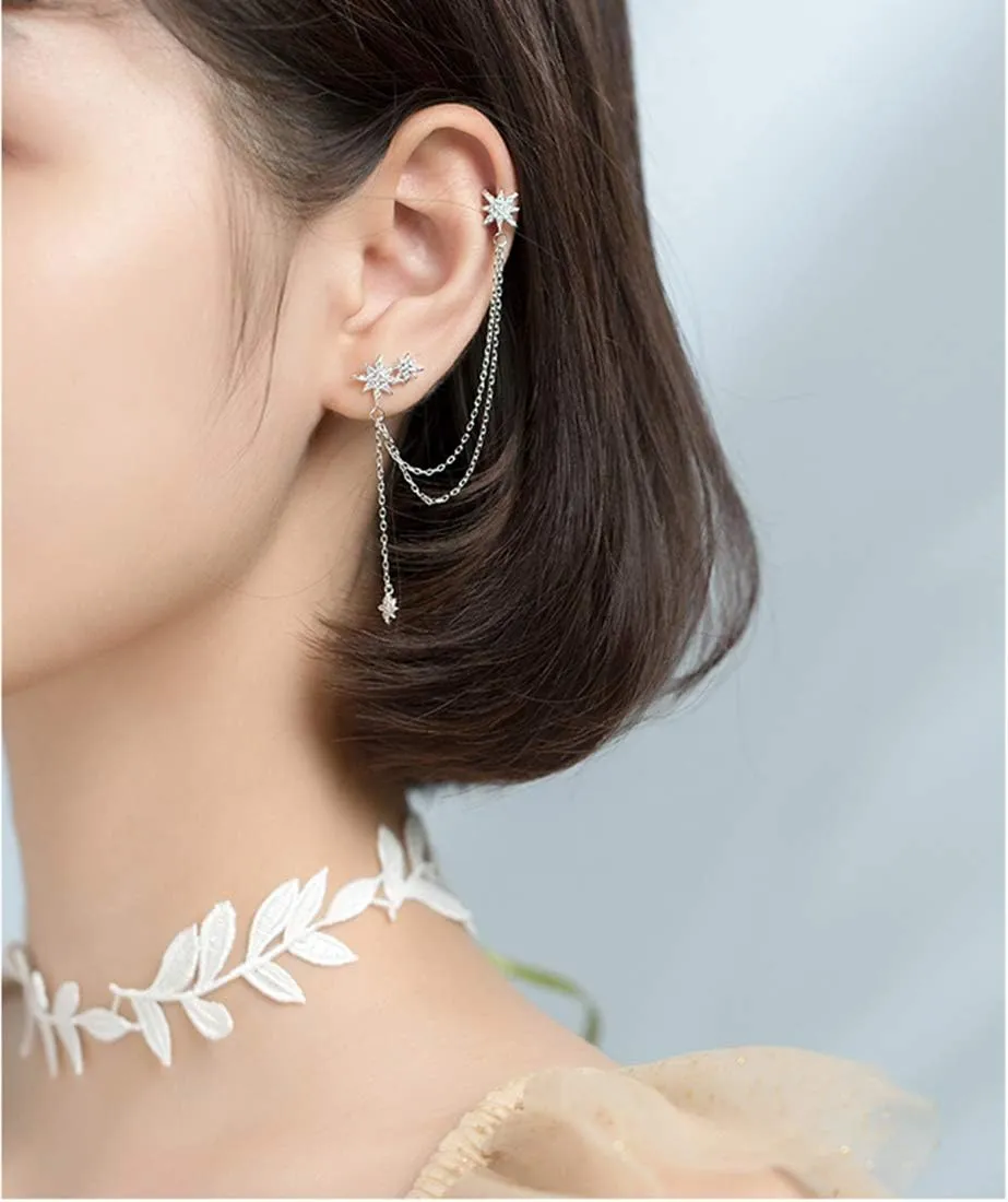 SLUYNZ 925 Sterling Silver Fashion Star Cuff Earring Chain for Women Star Crawler Earring Wrap Earrings