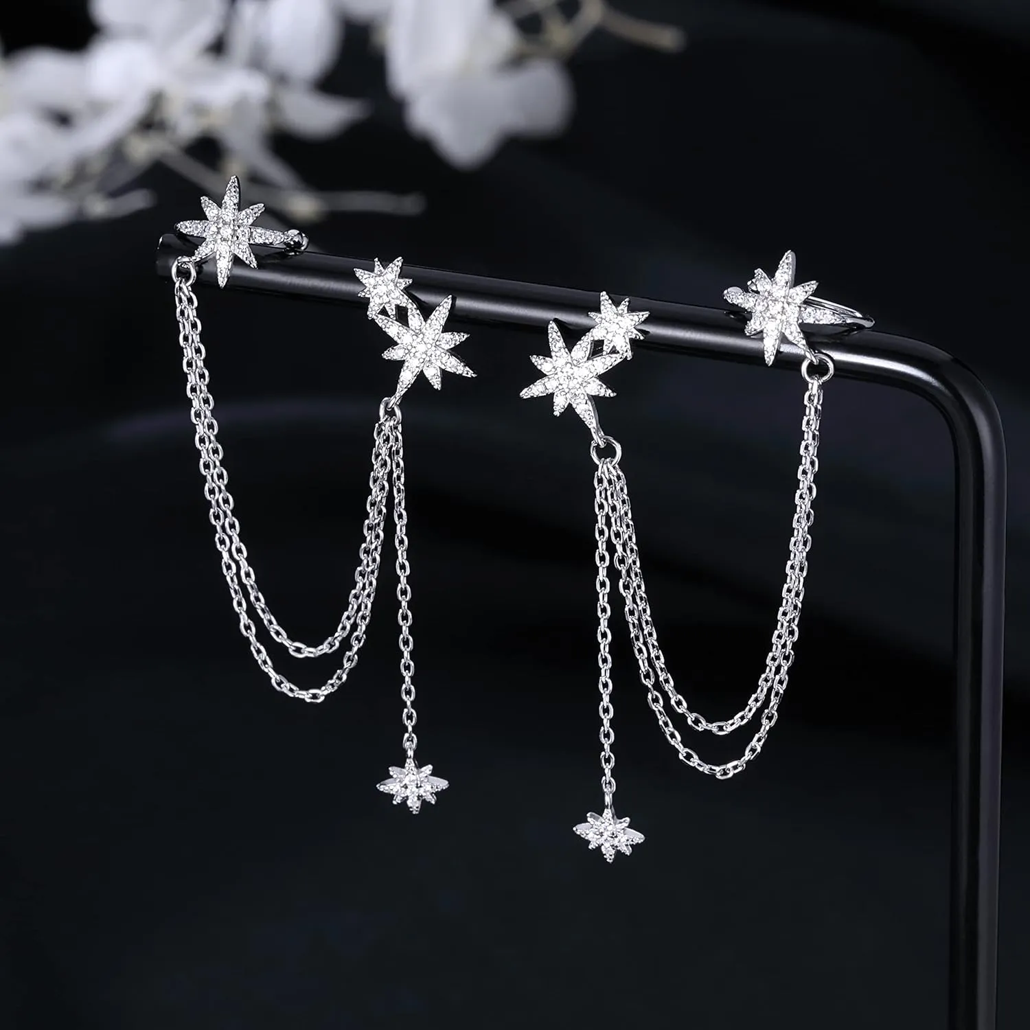 SLUYNZ 925 Sterling Silver Fashion Star Cuff Earring Chain for Women Star Crawler Earring Wrap Earrings
