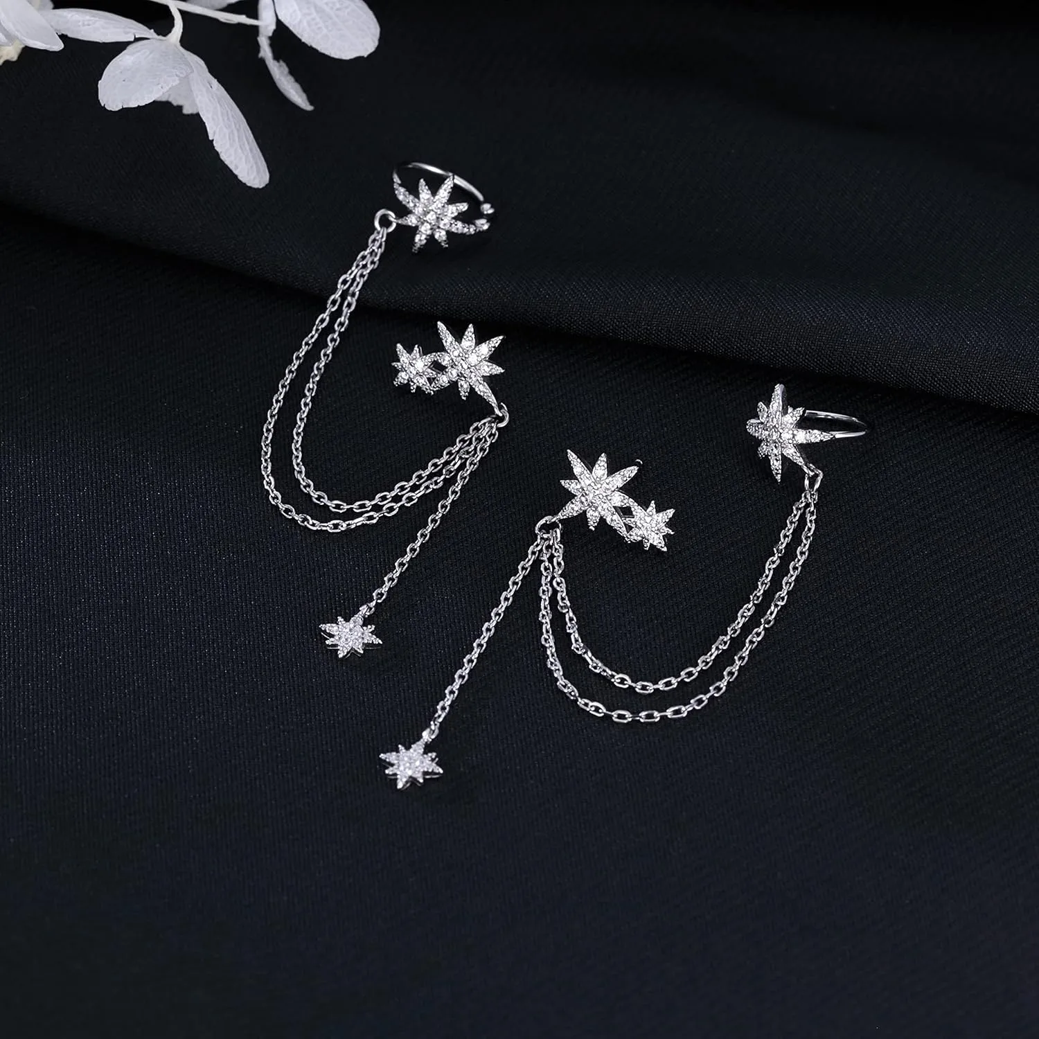 SLUYNZ 925 Sterling Silver Fashion Star Cuff Earring Chain for Women Star Crawler Earring Wrap Earrings