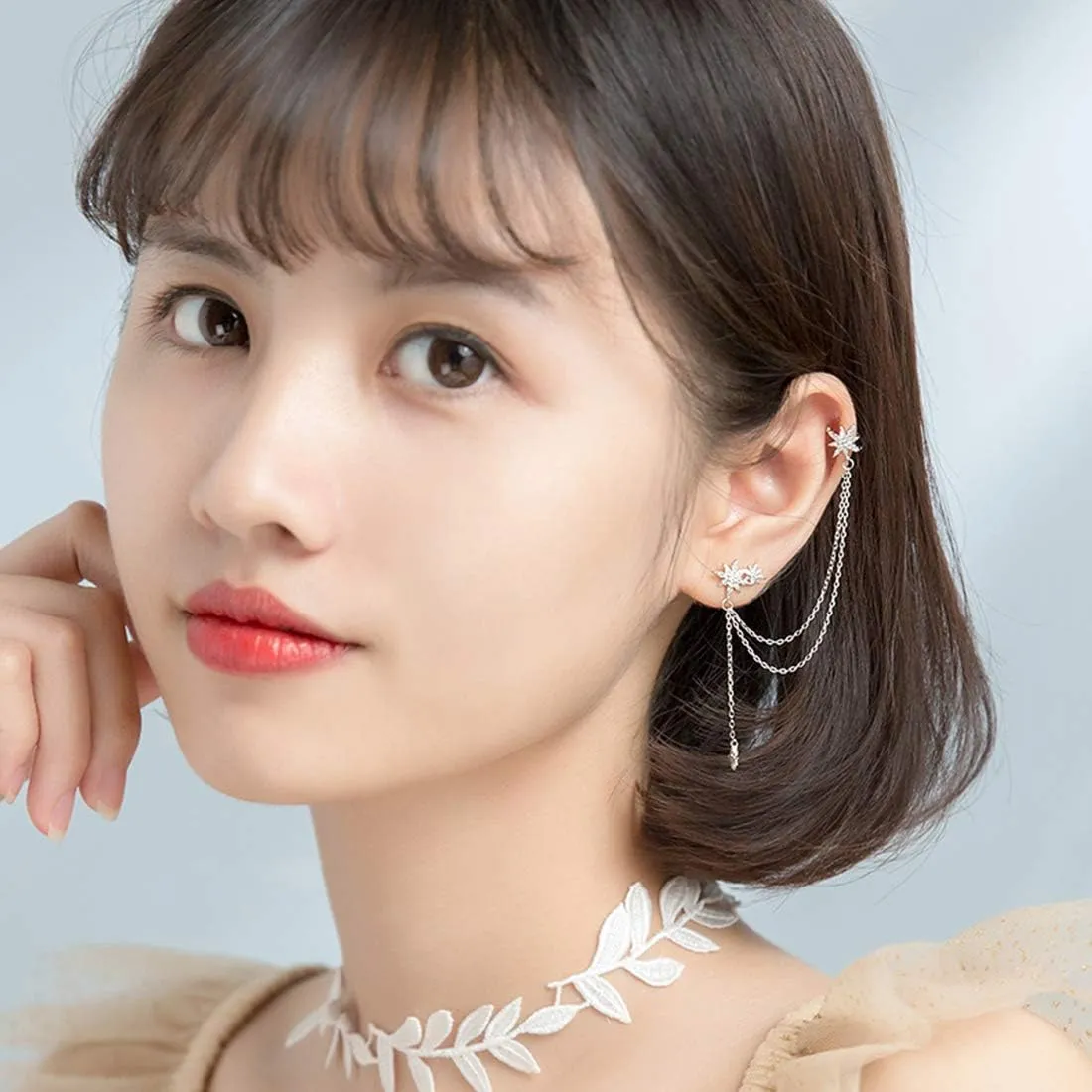 SLUYNZ 925 Sterling Silver Fashion Star Cuff Earring Chain for Women Star Crawler Earring Wrap Earrings