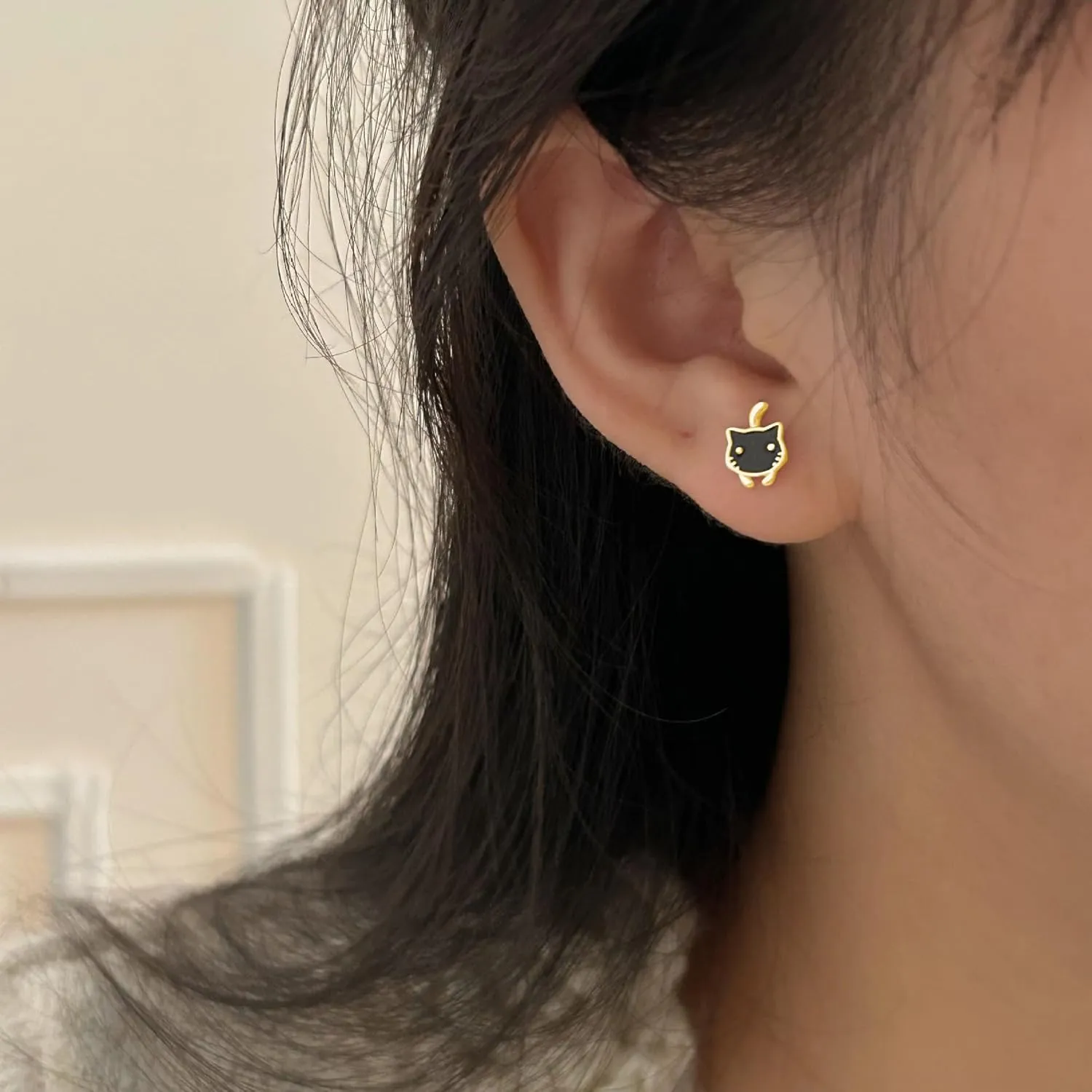 SLUYNZ 925 Sterling Silver Lovely Black Cat Earrings Studs for Women Teens Cat Studs Earrings for Cat Lovers