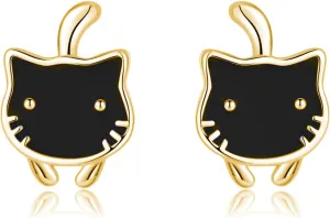 SLUYNZ 925 Sterling Silver Lovely Black Cat Earrings Studs for Women Teens Cat Studs Earrings for Cat Lovers