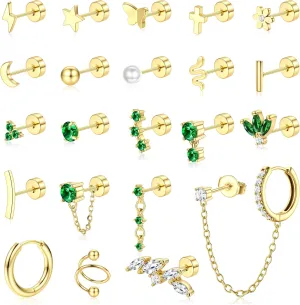 Small Gold Flat Back Earrings for Women Stainless Steel 20G Cartilage Stud Earrings Set for Multiple Piercing Butterfly Green CZ Flatback Earrings Helix Tragus Conch Piercing Jewelry