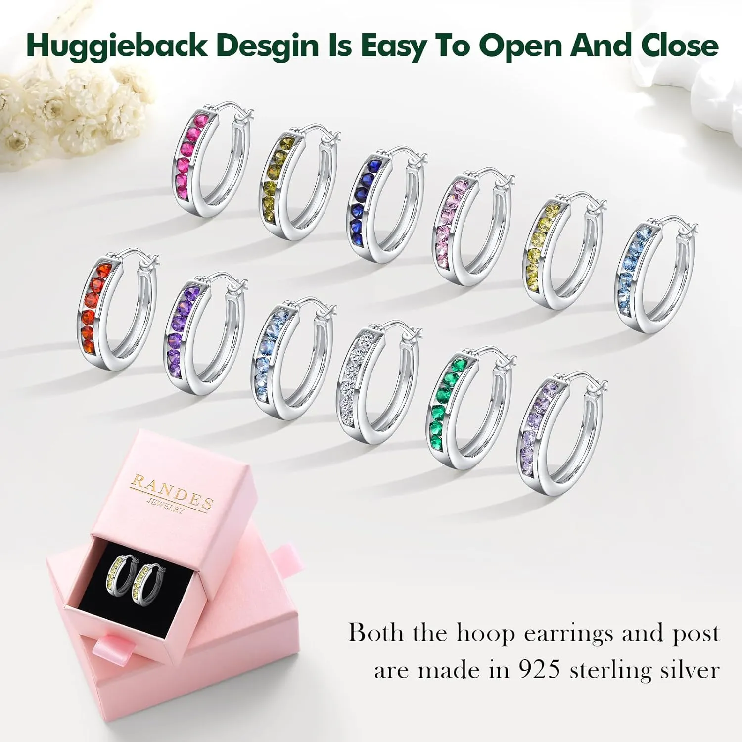 Small Hoop Earrings for Women Hypoallergenic 925 Sterling Silver 18mm Gemstone Huggie Hoop Earrings Annivesary Wedding Jewelry Birthstone Huggy Earrings