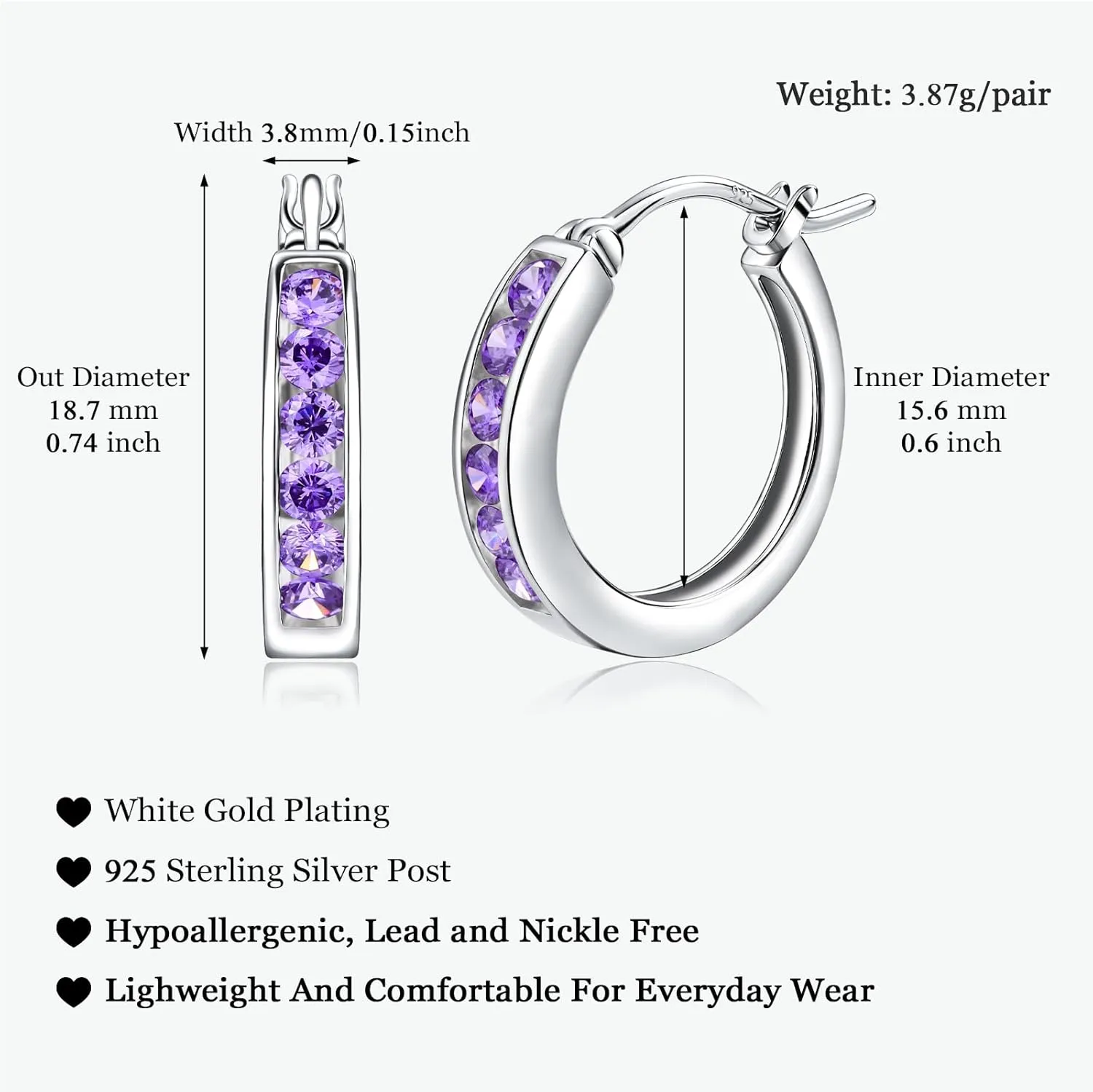 Small Hoop Earrings for Women Hypoallergenic 925 Sterling Silver 18mm Gemstone Huggie Hoop Earrings Annivesary Wedding Jewelry Birthstone Huggy Earrings