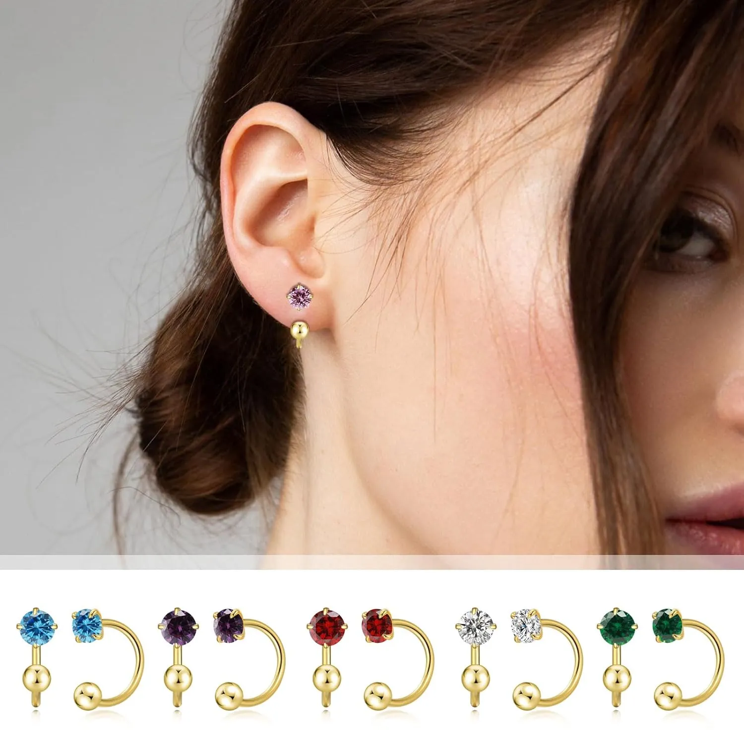 Small Huggie Half Hoop Earrings for Women Girls,Tiny 3mm Birthstone Earrings Cartilage Hypoallergenic Stud for Women (Apr)