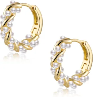 Small Pearl Hoop Earrings for Women, Twisted Huggie Hoop Earrings with Tiny Pearls Chain Link Earing Hypoallergenic Jewelry 16mm