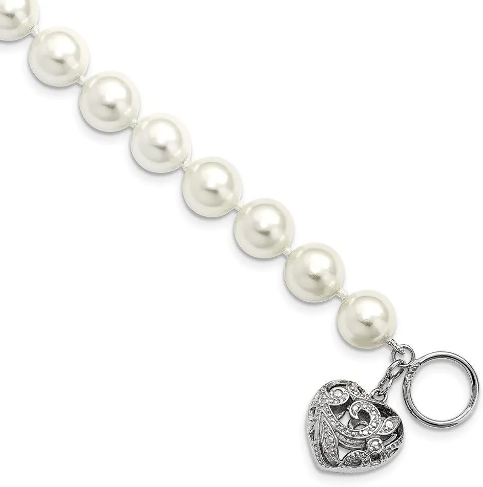 Solid 925 Sterling Silver 10-11mm White Imitation Shell Pearl Heart Bracelet 8"