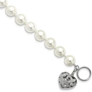 Solid 925 Sterling Silver 10-11mm White Imitation Shell Pearl Heart Bracelet 8"