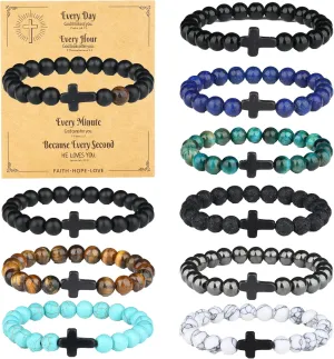 SONNYX 10PCS Religious Cross Beaded Bracelets for Men Adjustable Stretchy 8MM Natural Stone Bead Christian Gifts Faith Based Jewelry Jesus Bracelet