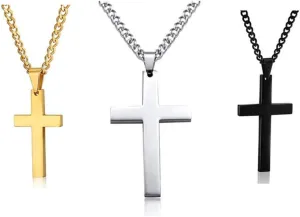 Soyzvteo 3Pcs/Set Cross Necklace Silver Black Gold Plain Cross Pendant Necklace Simple Christian Cross Pendant Necklace Jewelry Gifts for Women Men