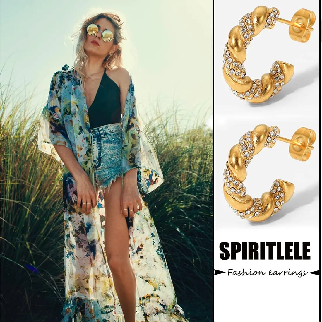 Spiritlele Small Chunky Gold Hoop Earrings 18K Twist Thick Earrings Cubic Zirconia Huggie Hoop Earrings for Women