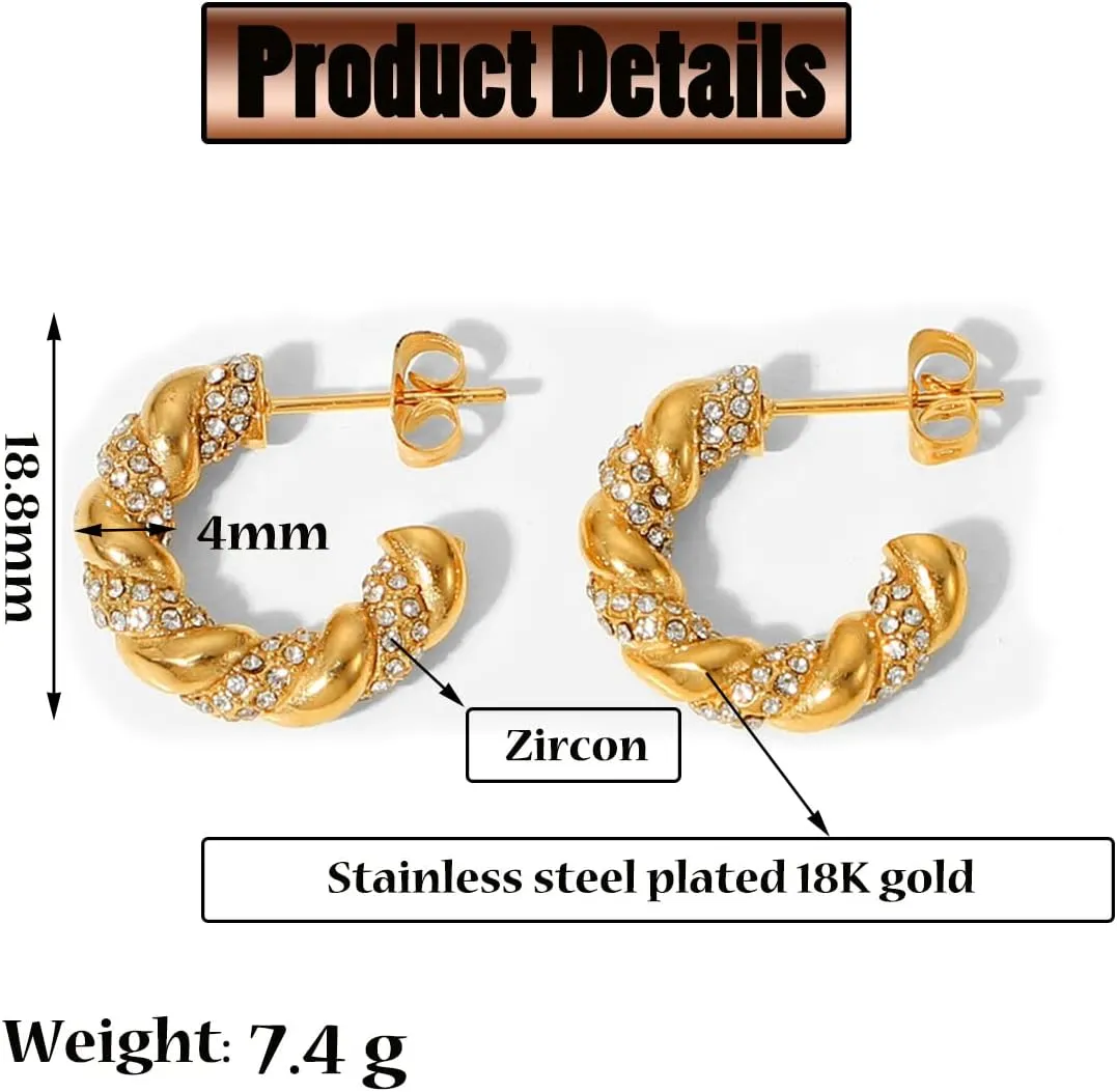 Spiritlele Small Chunky Gold Hoop Earrings 18K Twist Thick Earrings Cubic Zirconia Huggie Hoop Earrings for Women