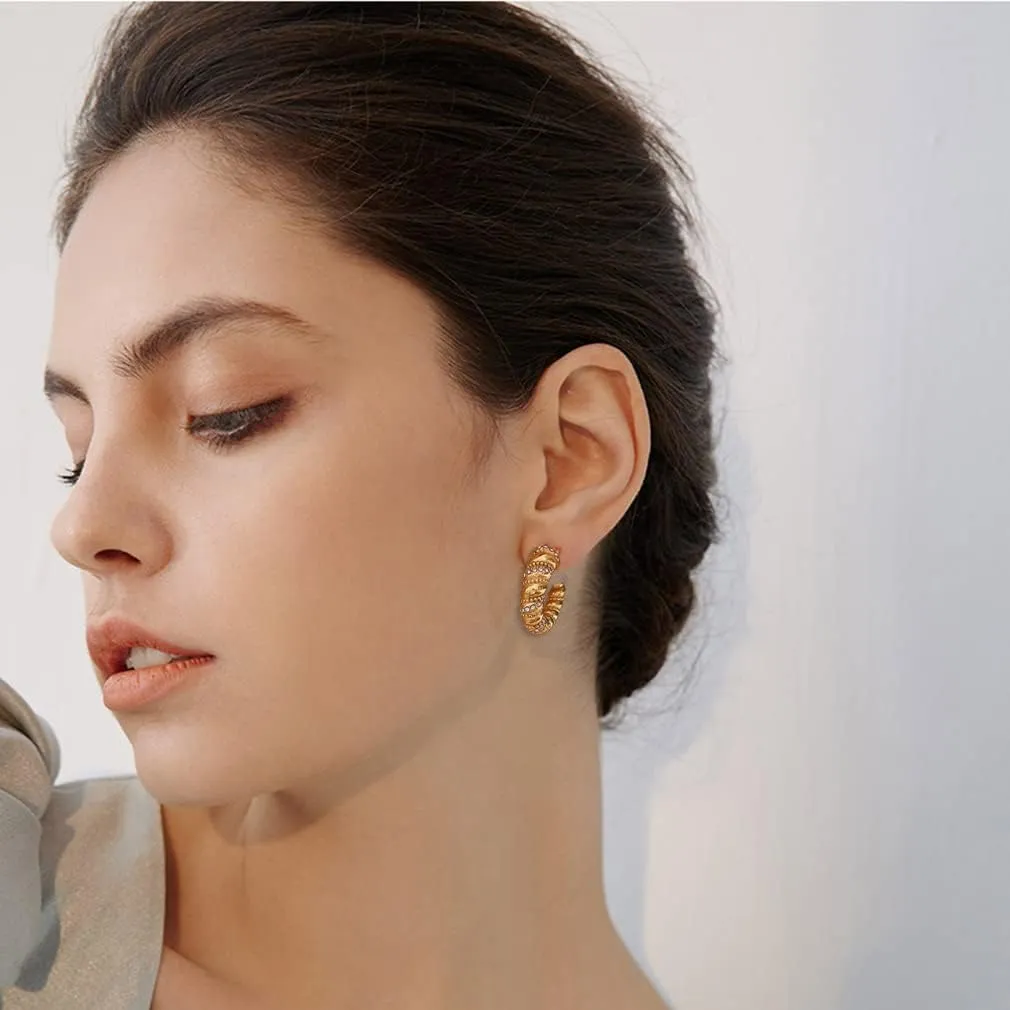 Spiritlele Small Chunky Gold Hoop Earrings 18K Twist Thick Earrings Cubic Zirconia Huggie Hoop Earrings for Women