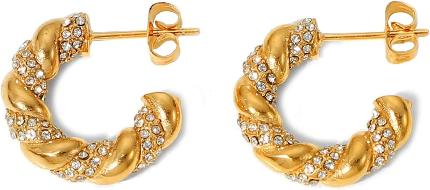 Spiritlele Small Chunky Gold Hoop Earrings 18K Twist Thick Earrings Cubic Zirconia Huggie Hoop Earrings for Women