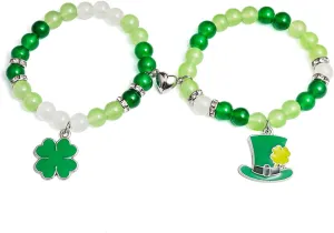 St. Patrick's Day Matching Bracelets Green Leaf Clover Couples Friendship Bracelets Heart Stone Beads Lucky Shamrock Hat Distance Promise Bracelet for Best Friends Bff Couples Irish Festival Costume-A