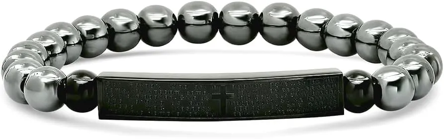 Stainless Steel Black tone Unisex Lords Prayer Religious ID Beaded Bracelet - Jewelry Gift for Mom