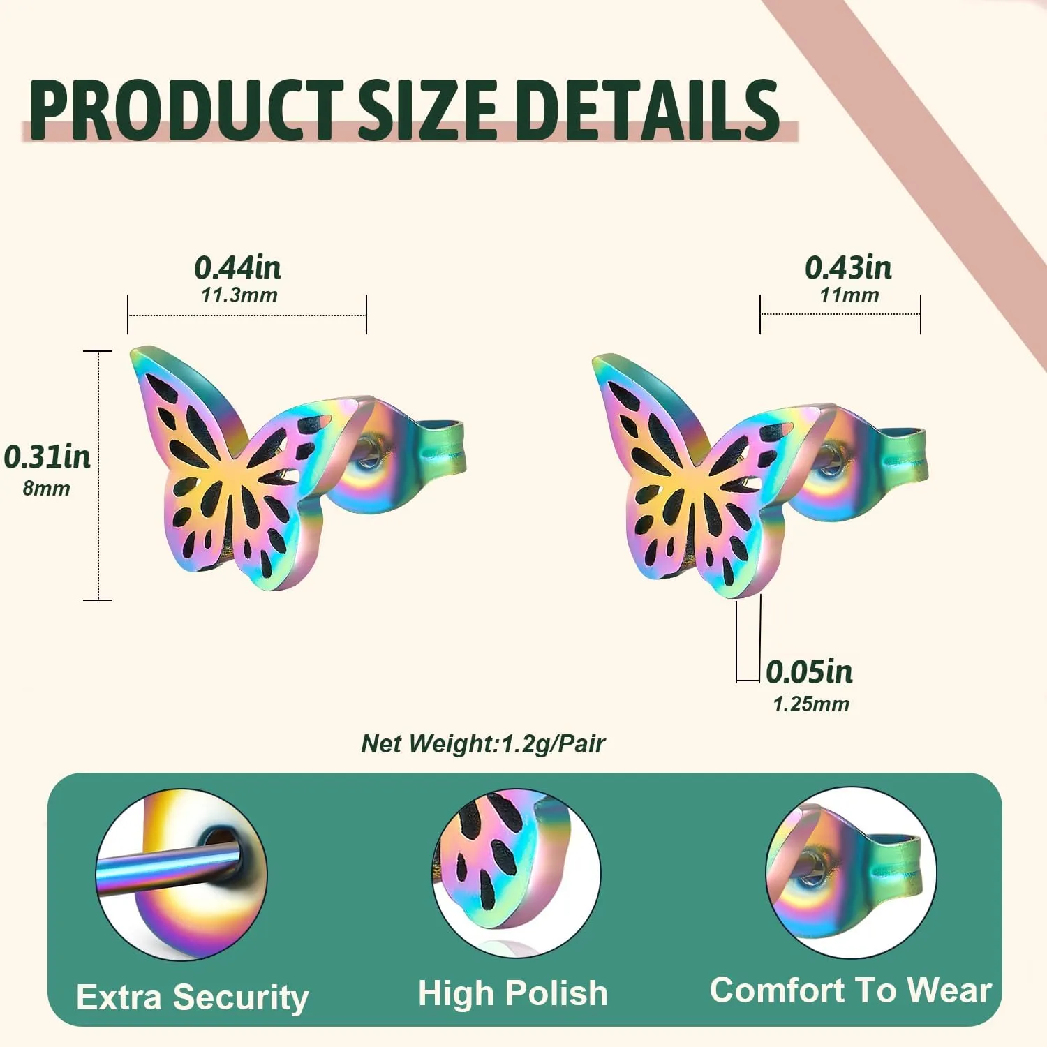 Stainless Steel Butterfly Stud Earrings/Butterfly Wing Earrings Dainty Simple Earrings for Women,hypoallergenic