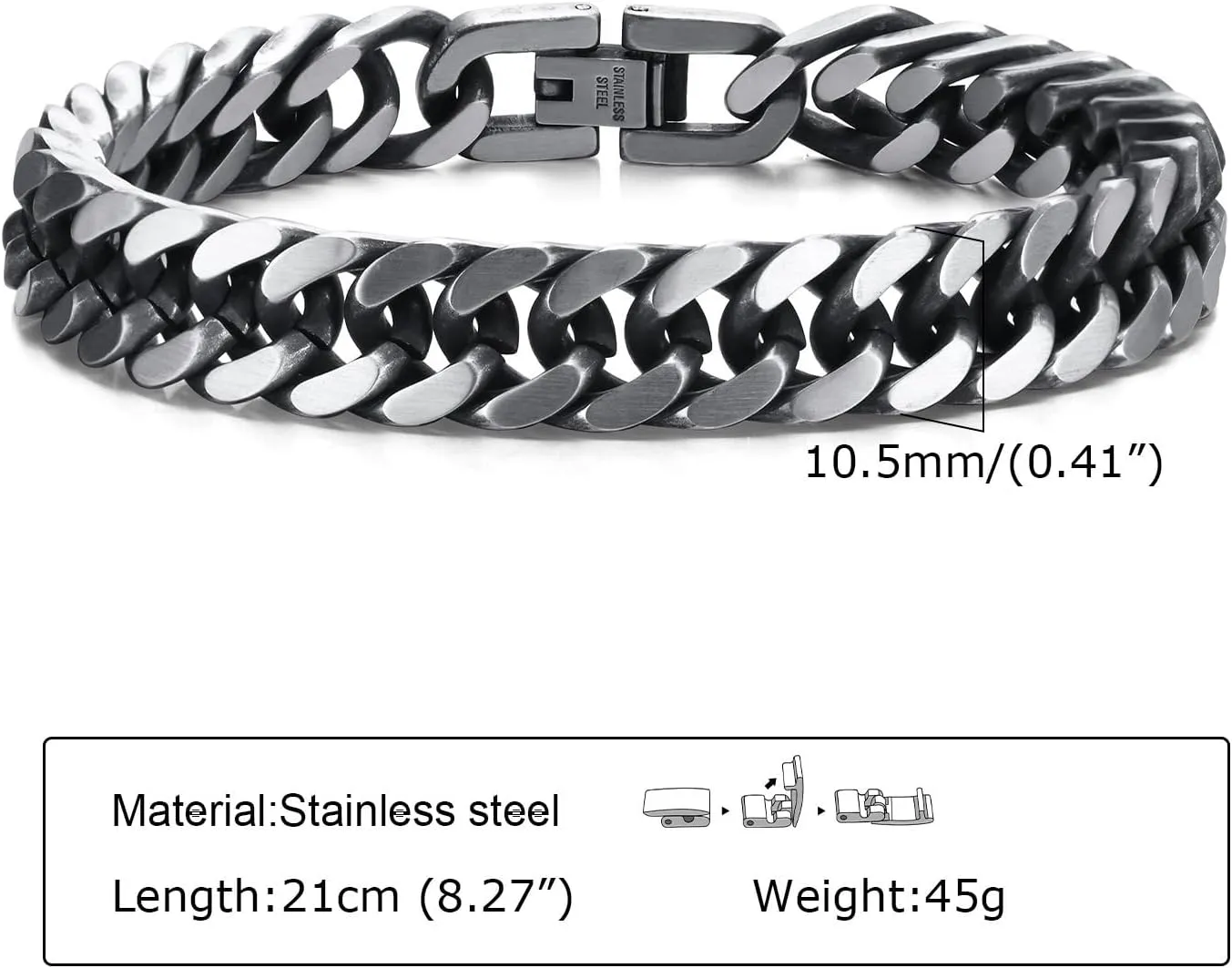 Stainless Steel Cuban Link Bracelet on 10mm Width, 8.3" length, Hip Hop Punk Biker Hand Chain Bracelets, 18K Plated Chain Wrist Bracelets for Men Women, Gift Box Packing