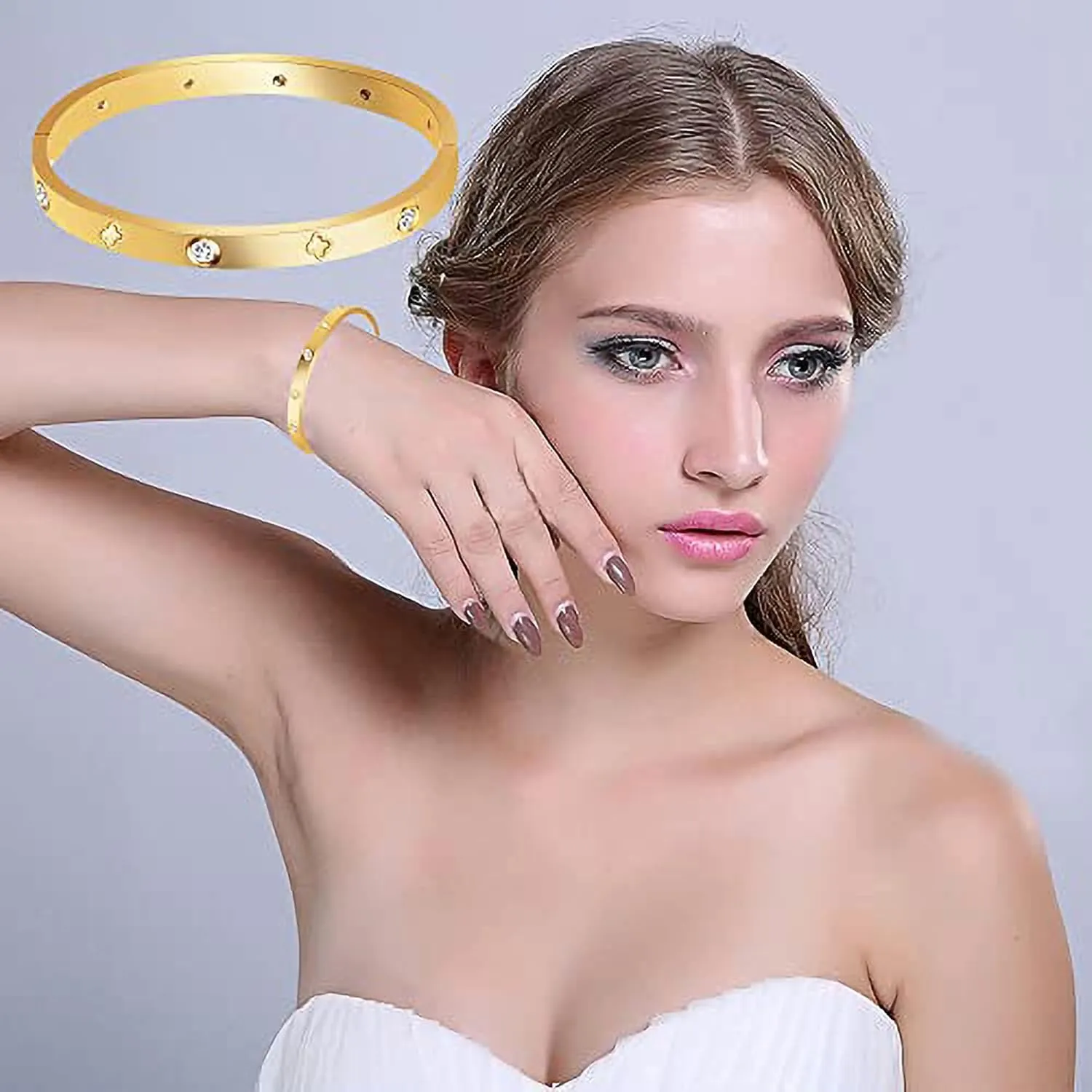 Stainless Steel for Ladies Men Bracelet Bangle Yellow 18k Gold Plated Diamonique CZ stone crystal